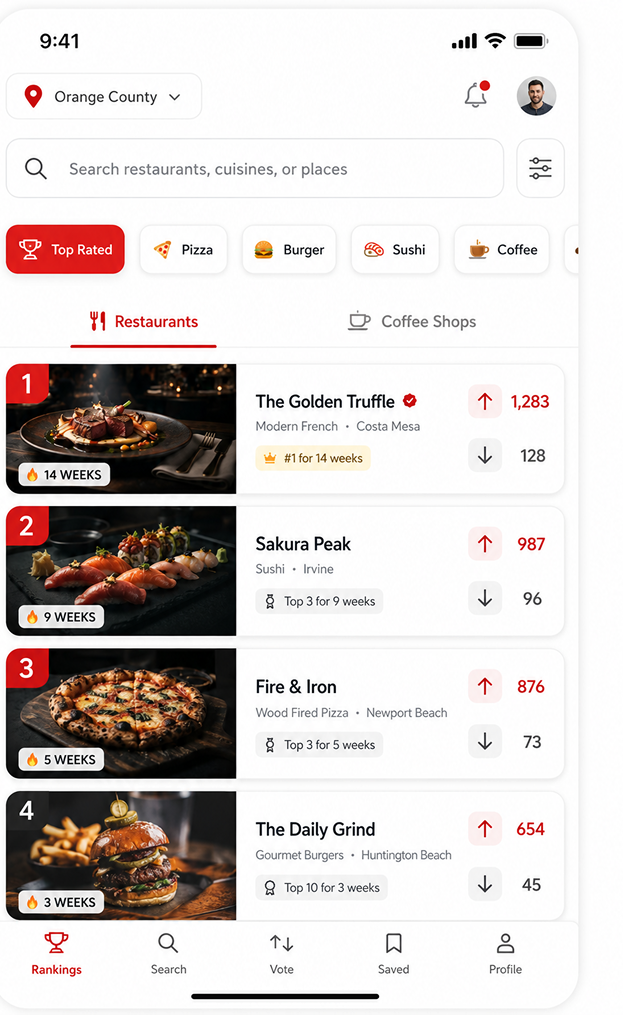 100Eats app showing the Orange County restaurant rankings with weekly vote counts