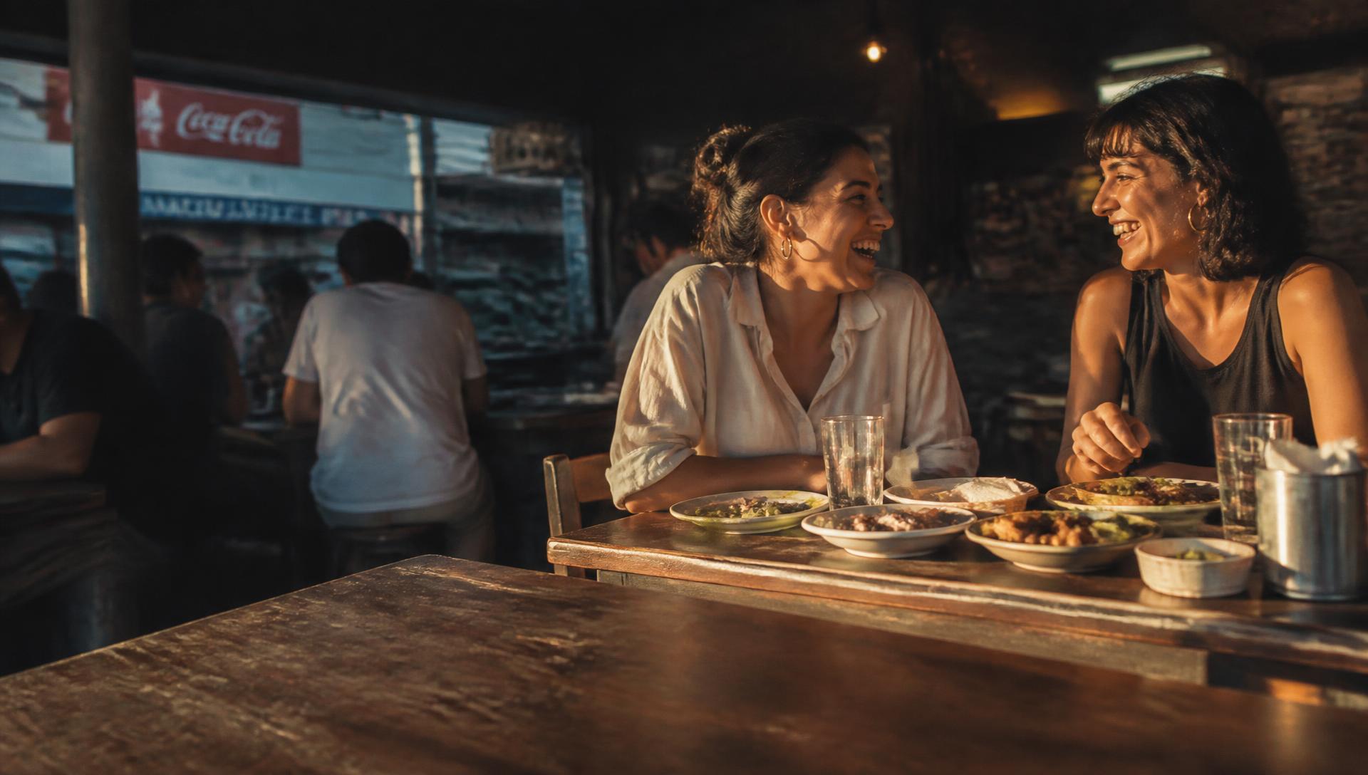Two friends laughing over a table of food at a neighbourhood restaurant